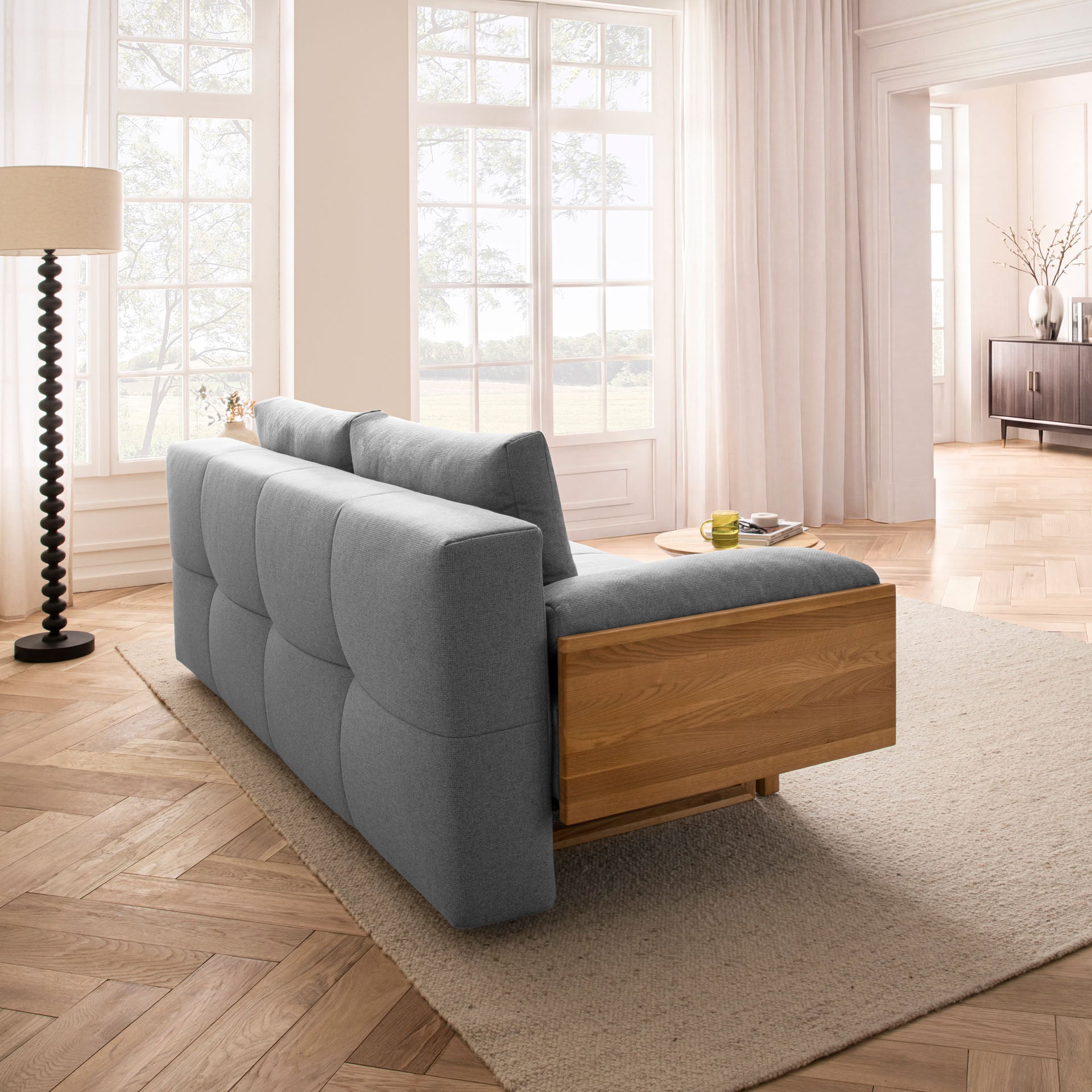 Schlafsofa Hellgrau Holzfüße Sofa mit Schlaffunktion Schlafcouch Bettkasten Schlafsofa mit Bettkasten