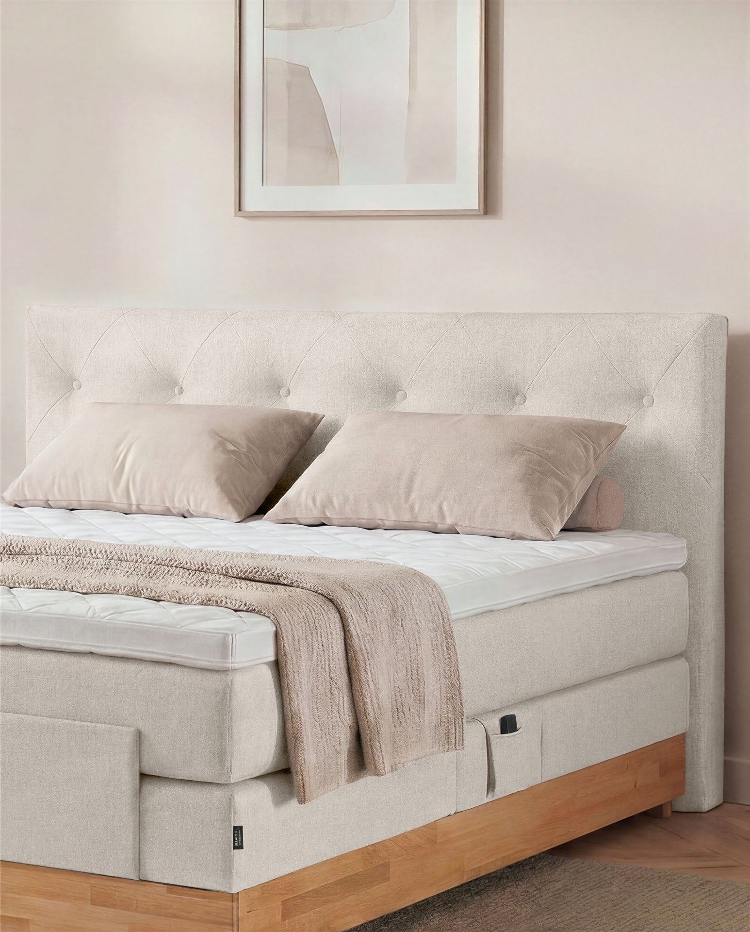 Boxspringbett 160x200 180x200 200x200 Beige Bett elektrisch verstellbar Eiche Holz Motorbett Bett mit Motor Polsterbett Doppelbett Bett verstellbar Schlafzimmer