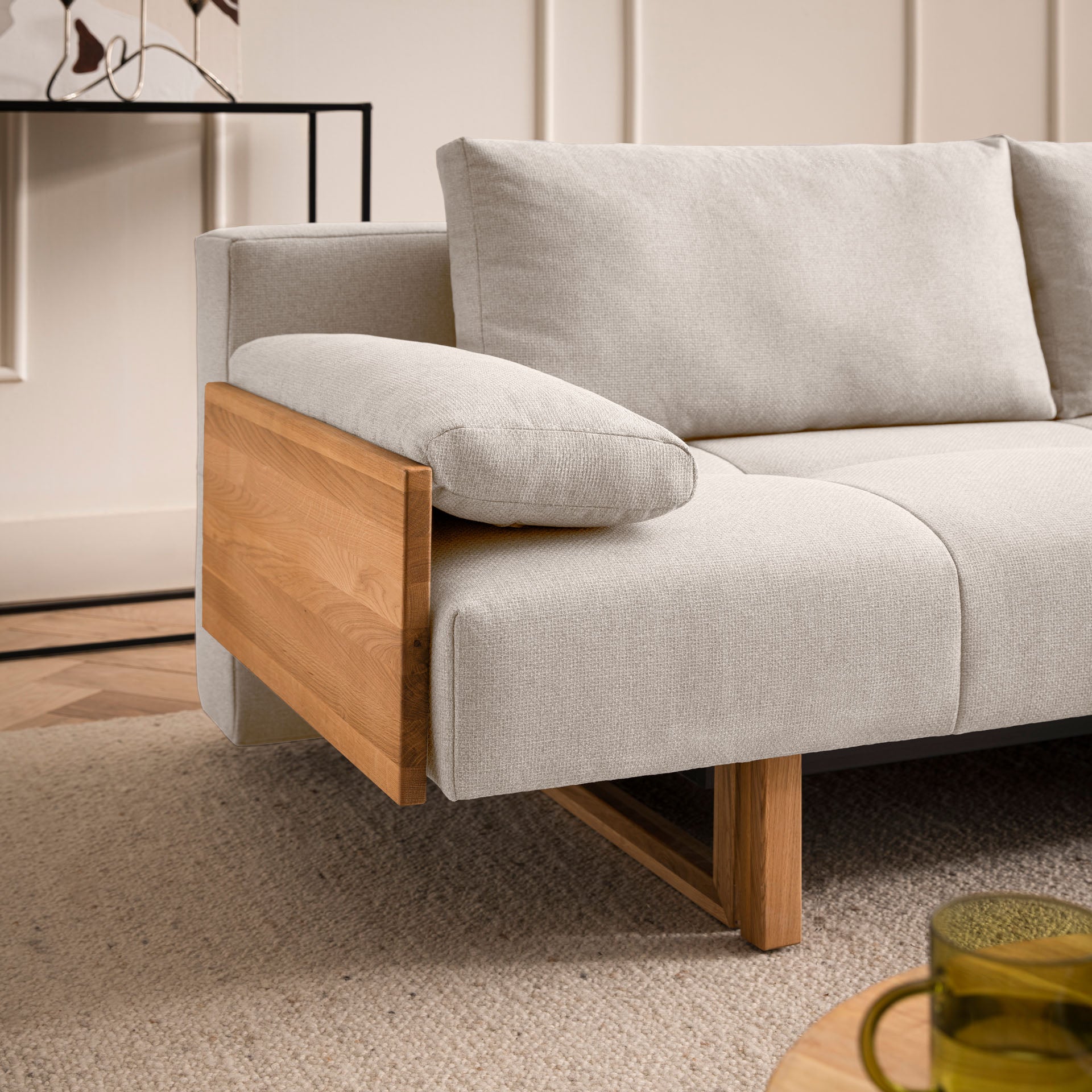 Schlafsofa Beige Holzfüße Sofa mit Schlaffunktion Schlafcouch Bettkasten Schlafsofa mit Bettkasten