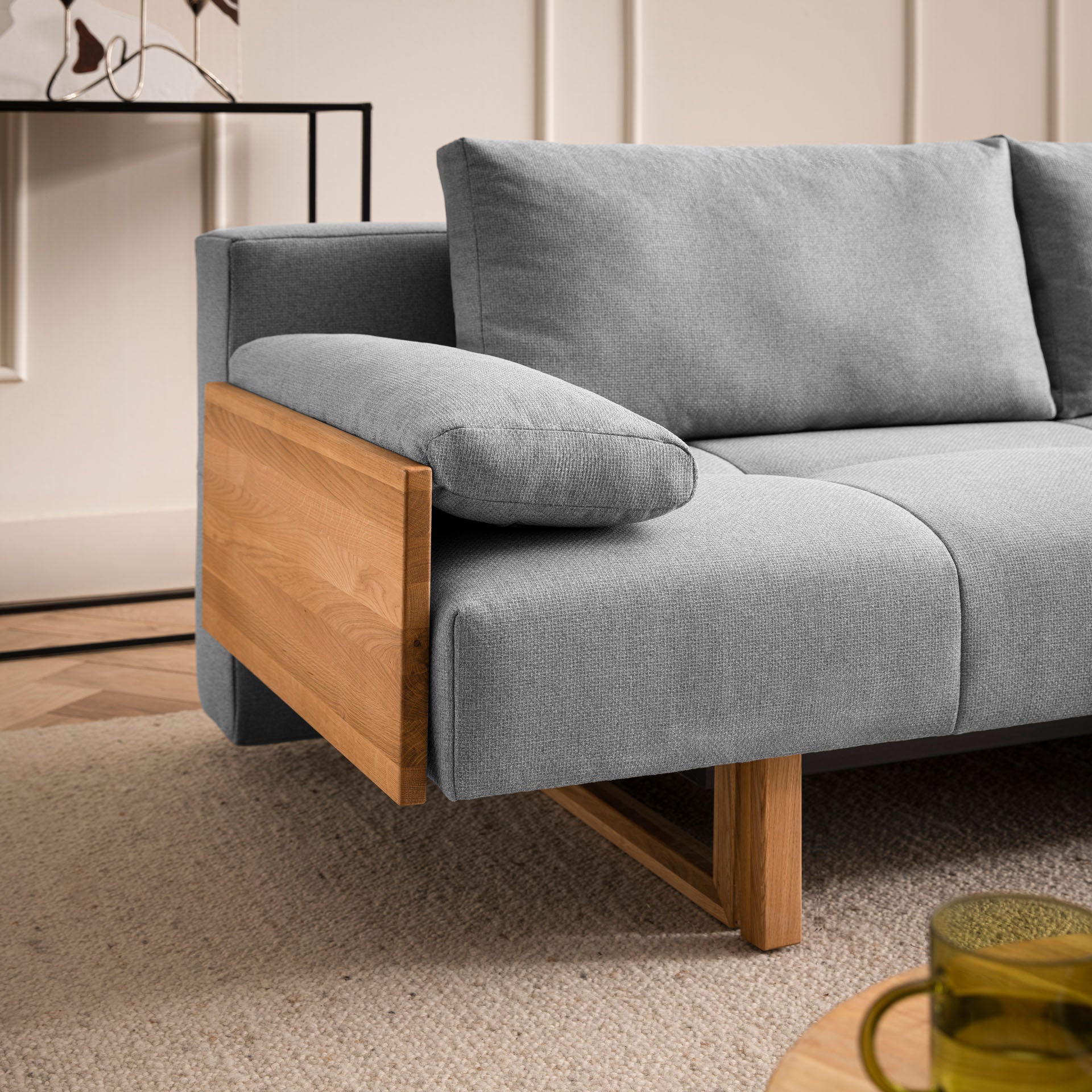 Schlafsofa Hellgrau Holzfüße Sofa mit Schlaffunktion Schlafcouch Bettkasten Schlafsofa mit Bettkasten