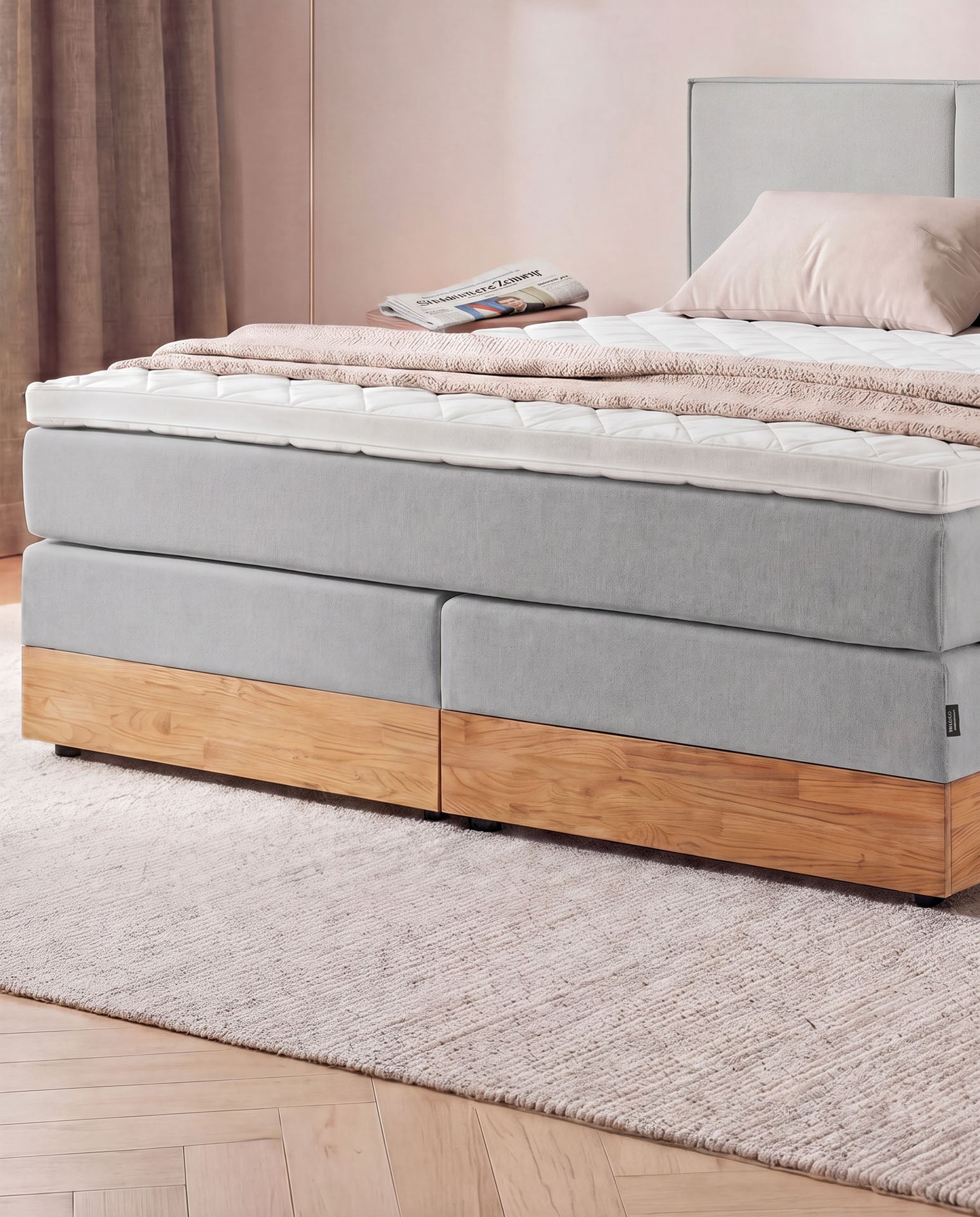 [SKU:3RIVA16HGRBKE,3RIVA18HGRBKE,3RIVA20HGRBKE] Boxspringbett mit Bettkasten Eiche 160x200 180x200 200x200 Hellgrau Bett Stauraum Holzrahmen Polsterbett Doppelbett