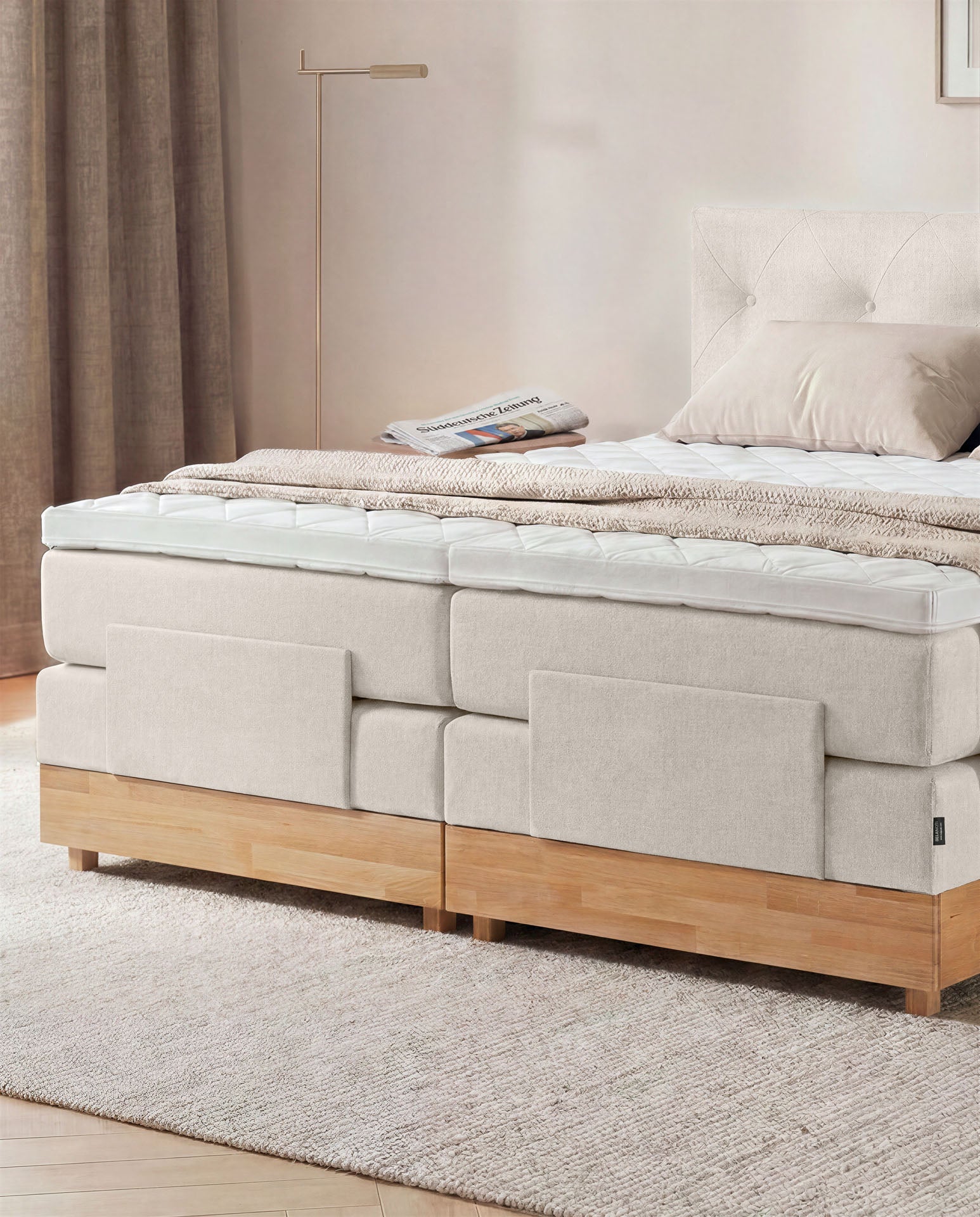 Boxspringbett 160x200 180x200 200x200 Beige Bett elektrisch verstellbar Eiche Holz Motorbett Bett mit Motor Polsterbett Doppelbett Bett verstellbar Schlafzimmer