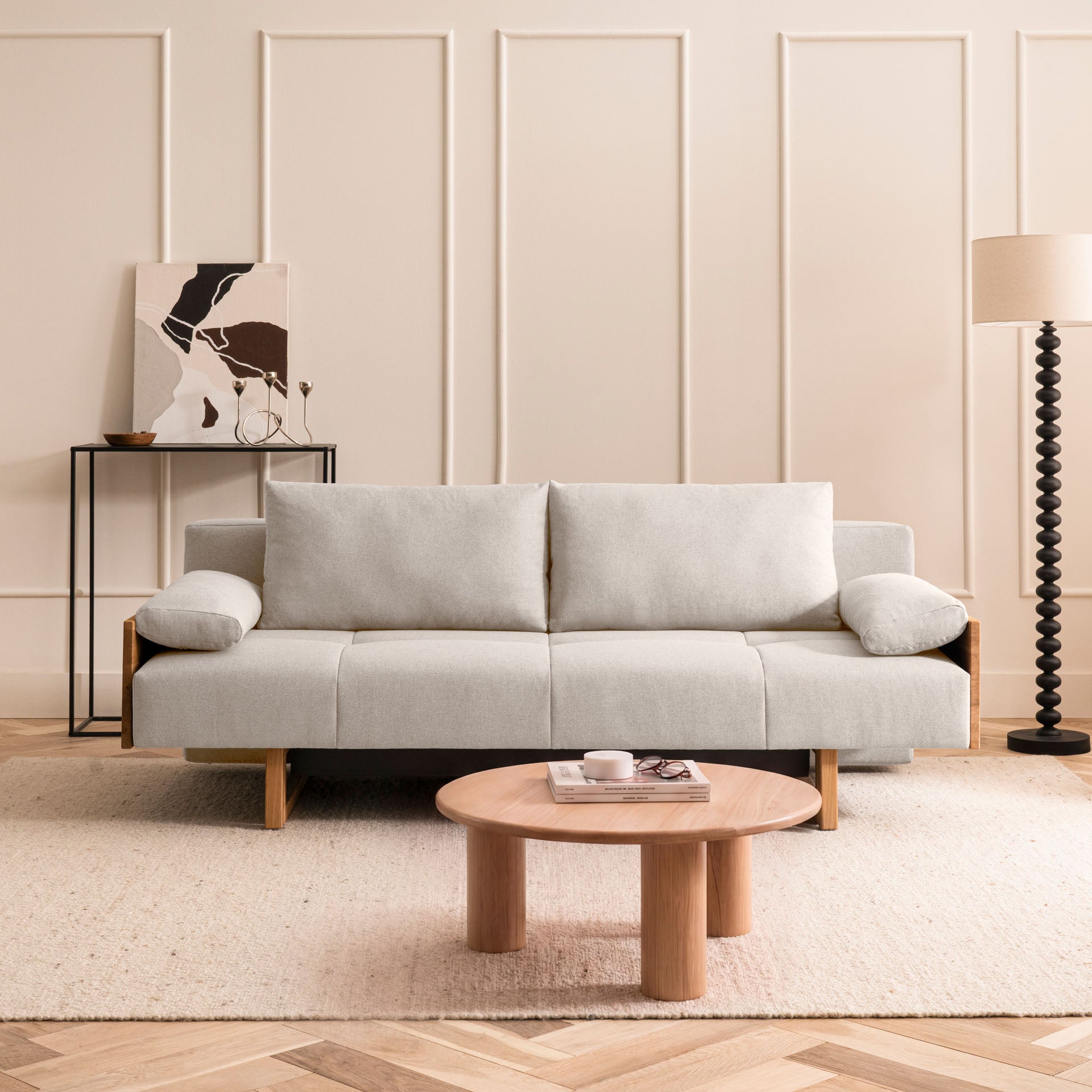 Schlafsofa Beige Holzfüße Sofa mit Schlaffunktion Schlafcouch Bettkasten Schlafsofa mit Bettkasten