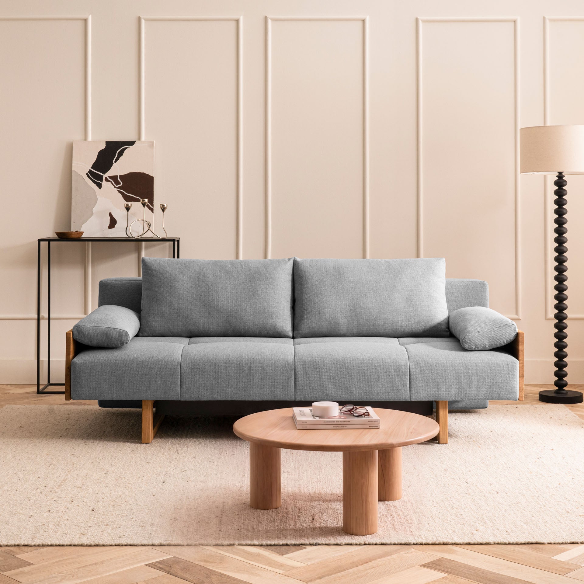 Schlafsofa Hellgrau Holzfüße Sofa mit Schlaffunktion Schlafcouch Bettkasten Schlafsofa mit Bettkasten