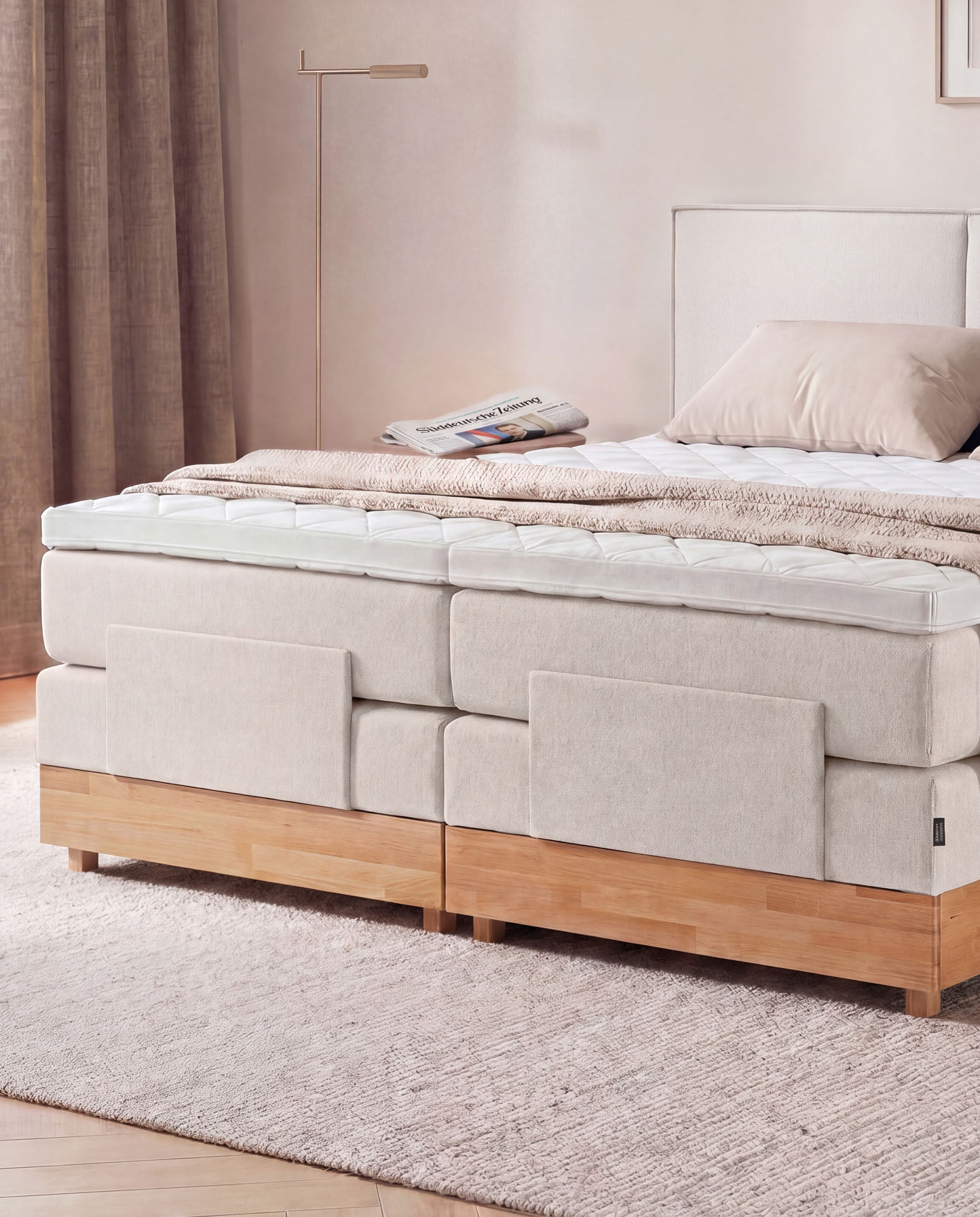 [SKU:3RIVA16BEIEVE,3RIVA18BEIEVE,3RIVA20BEIEVE] Boxspringbett elektrisch verstellbar Eiche 160x200 180x200 200x200 Beige Motorbett Bett mit Motor Holzrahmen Doppelbett