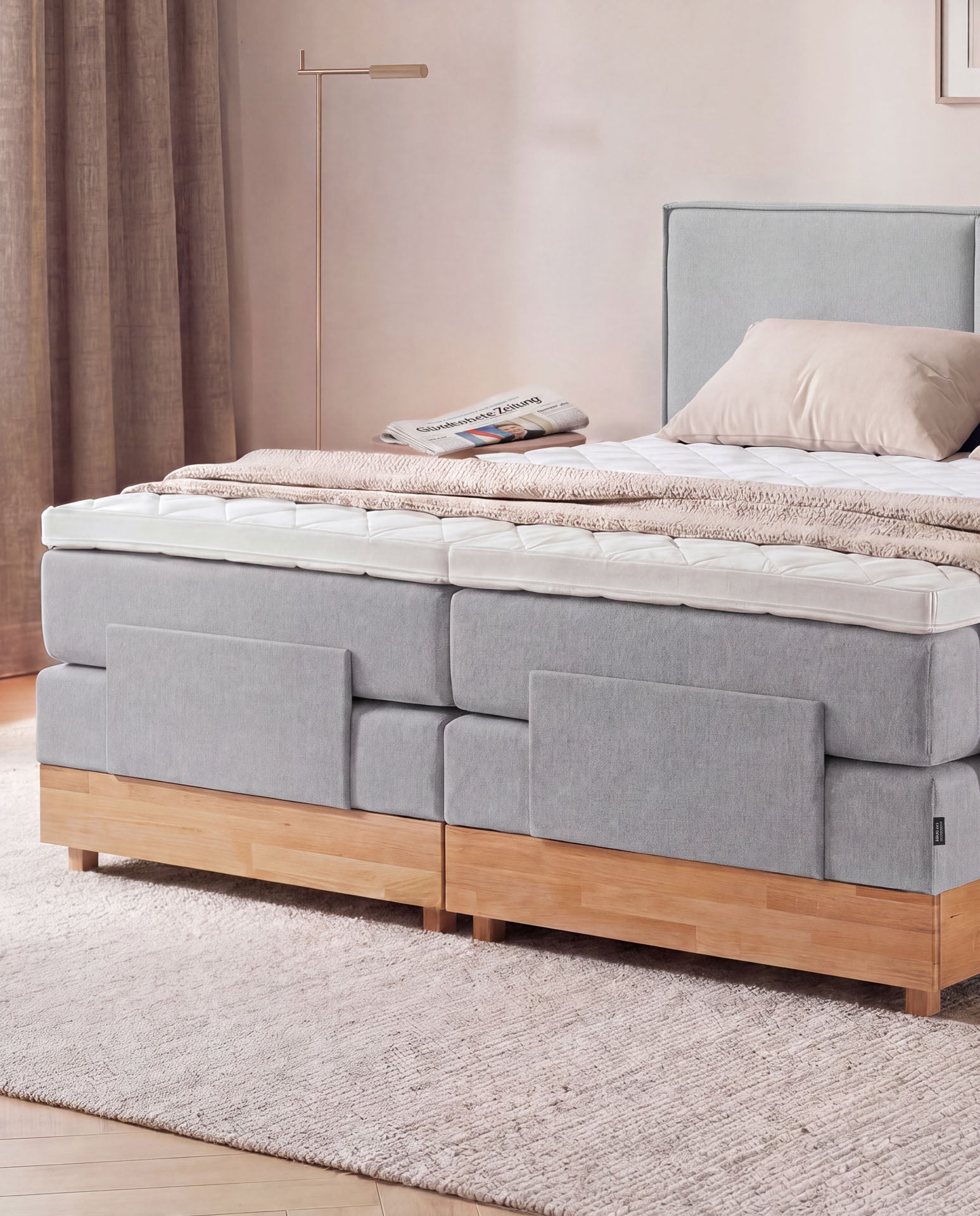 [SKU:3RIVA16HGREVE,3RIVA18HGREVE,3RIVA20HGREVE] Boxspringbett elektrisch verstellbar Eiche 160x200 180x200 200x200 Hellgrau Motorbett Bett mit Motor Holzrahmen Doppelbett