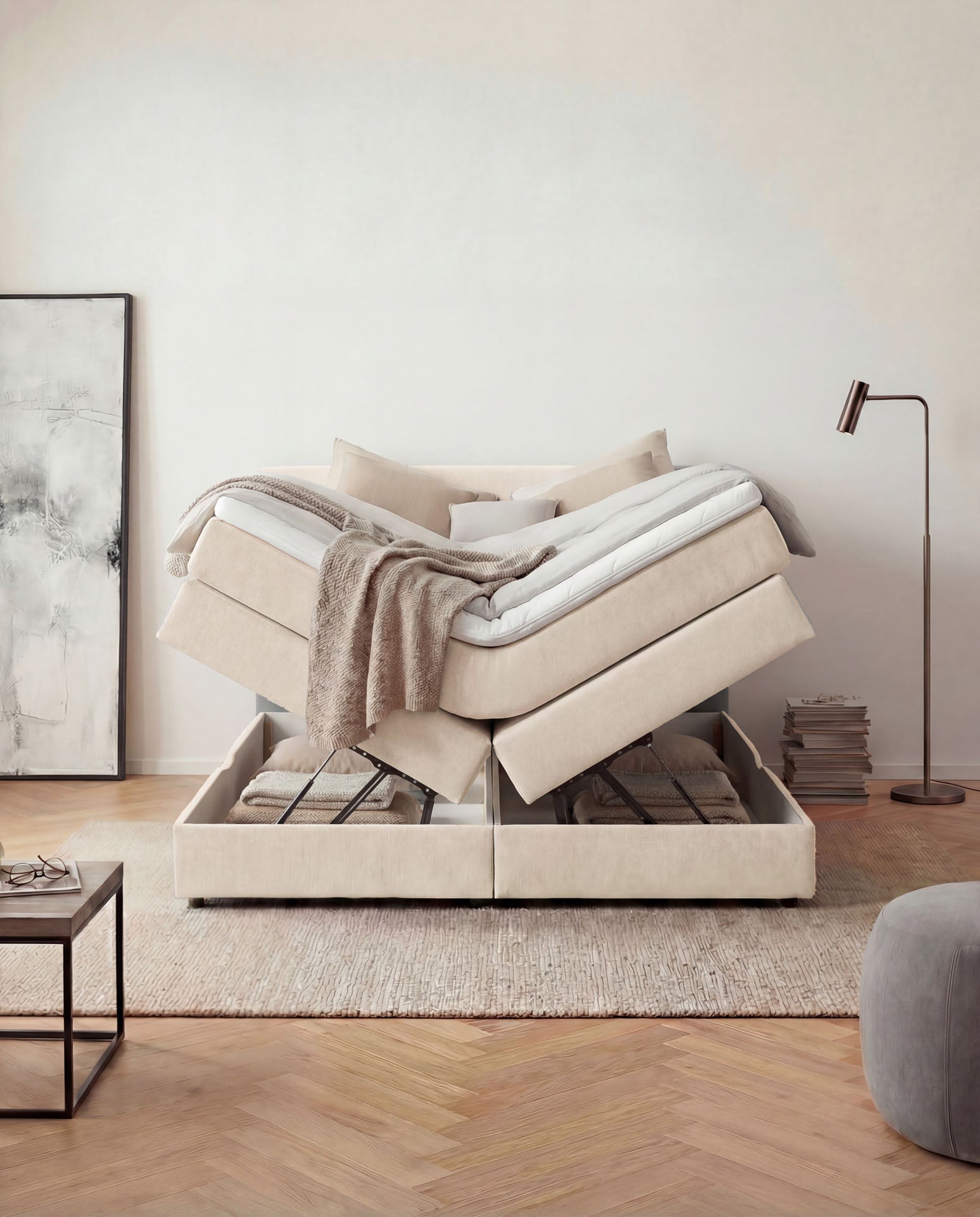 [SKU:LOFT-140-BEI,LOFT-160-BEI,LOFT-180-BEI,LOFT-200-BEI] Boxspringbett 180x200 160x200 Bett Bettkasten Polsterbett Doppelbett Motorbett Bett elektrisch verstellbar Bett mit Motor